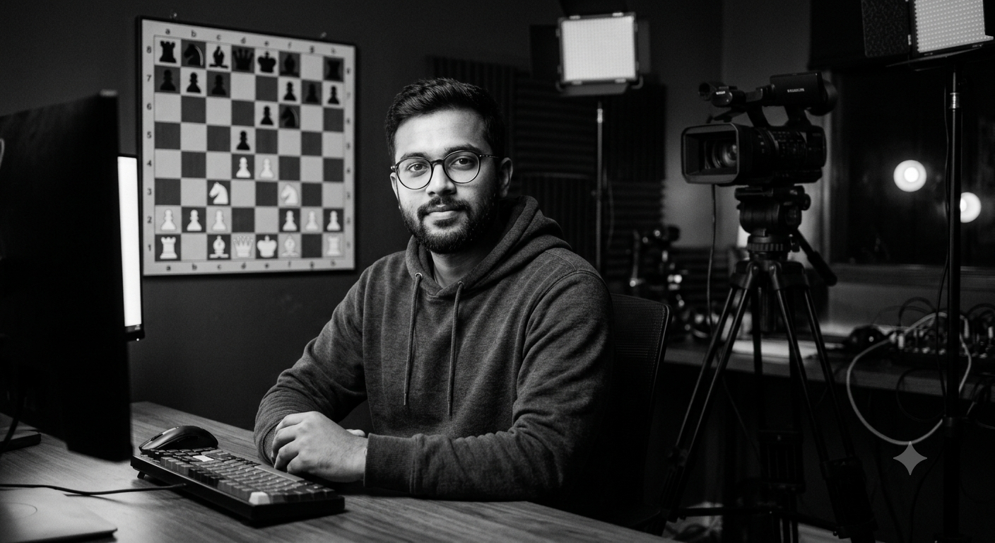 Monochrome portrait of FM Karthik Iyer explaining an endgame