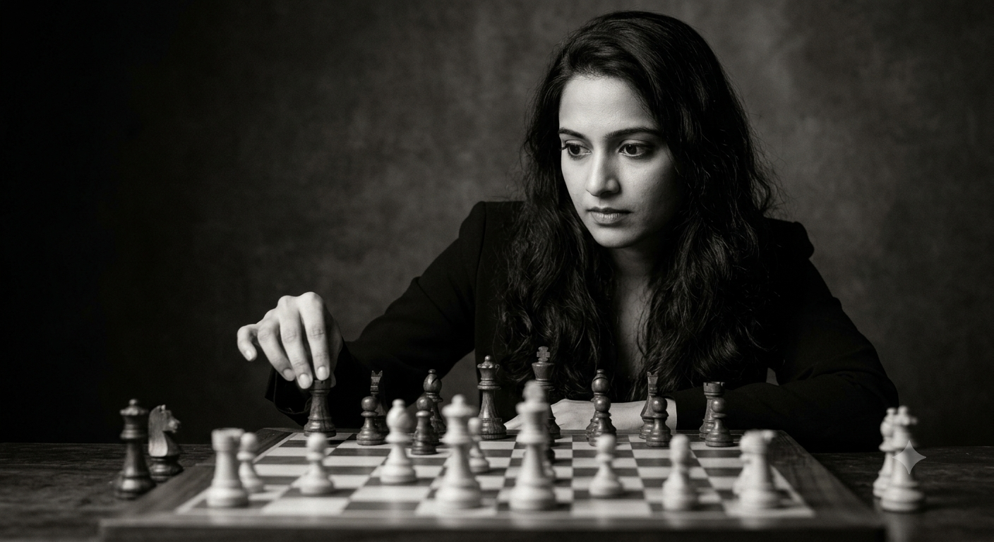 Monochrome portrait of WIM Meera Sundaram studying a position