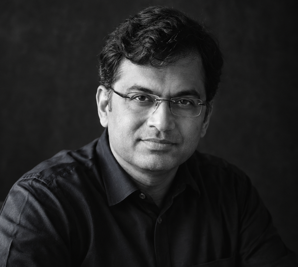 Monochrome portrait of IM Vikram Raghavan at a tournament board